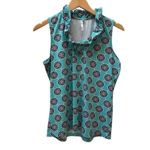 Lulu-B Womens Aqua Blue Geometric Medallion Ruffle Neck Sleeveless Top Medium
